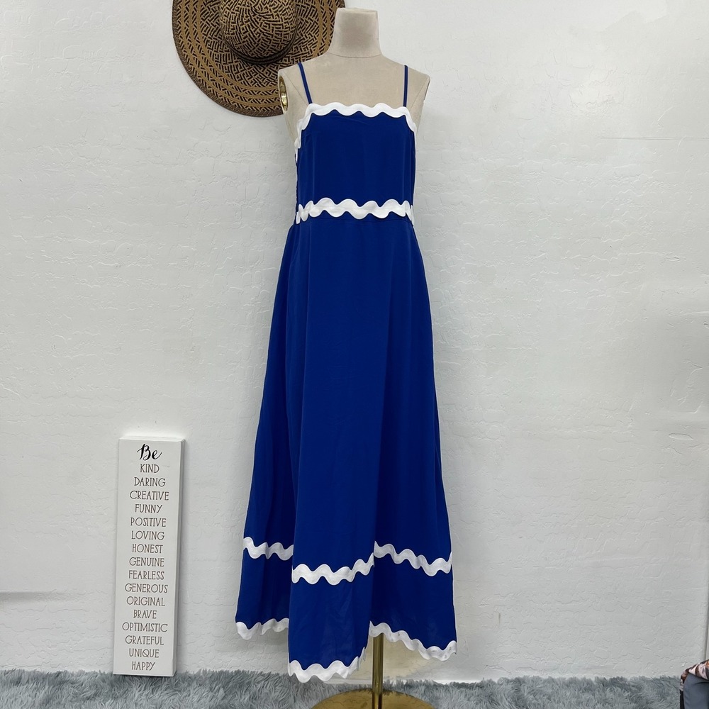 ECOWISH Blue Maxi Sun Dress Small White Rickrack Trim Coastal Beach Stretch